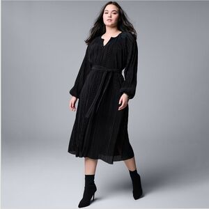 Simply Vera Vera Wang Black Pleated Midi Dress with Waist Tie